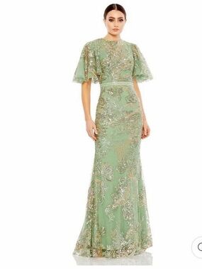 Mac Duggal Sage Green Embellished Flutter Sleeve Gown